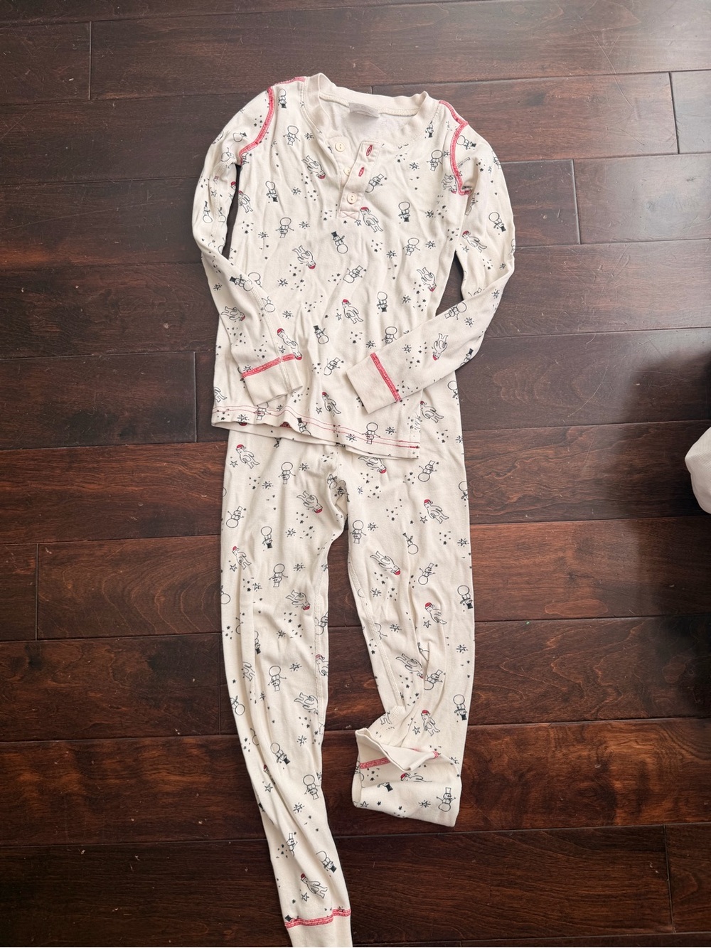 Hanna Andersson Cream Pajama Set with Navy Snowman Print and Pink Trim
